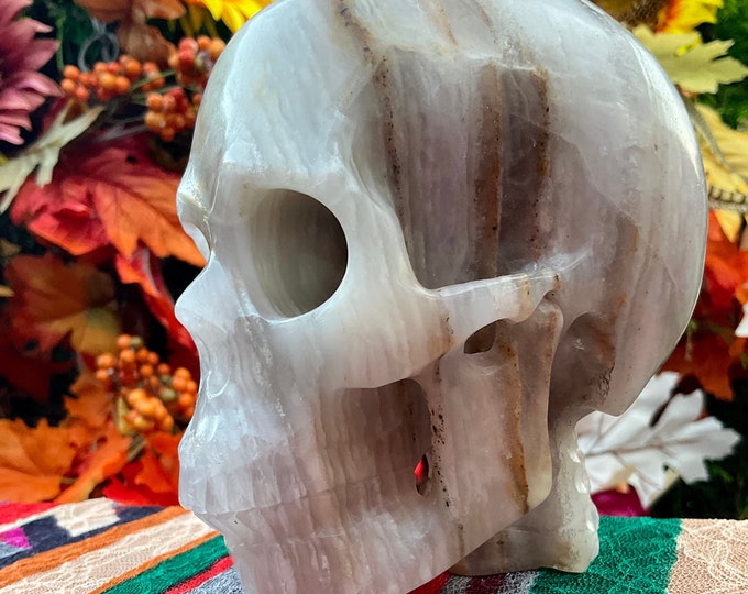 Fluorite Crystal Skull ~ Large 3 Lb. 8 oz. ~ 5" Tall ~ Hand Carved Life Size Sculpture ~ Translucent Purple Rainbow Colors ~ Free Standing