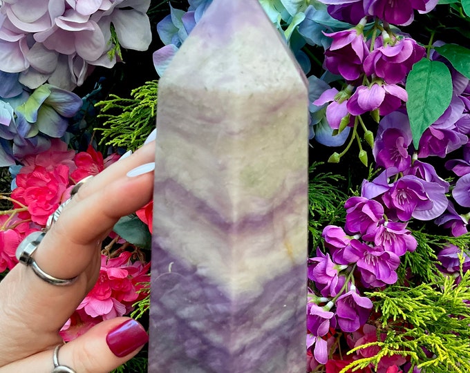 Large Lavender Fluorite Crystal Generator: 9" Tower with Green Phantoms