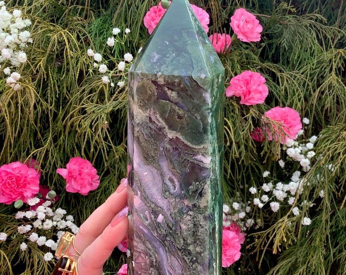 Large Electric Green Moss Agate Crystal Generator: 11" Tall