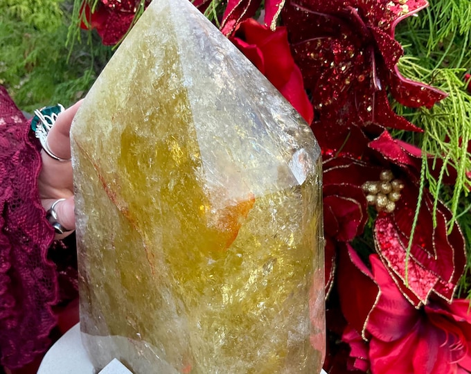 Citrine Crystal Generator with Custom Wooden Stand ~ Large 11 Lb. 10 oz. ~ 10" Tall ~ Golden Sunshine Yellow Color w/ Sparkling Rainbows ~