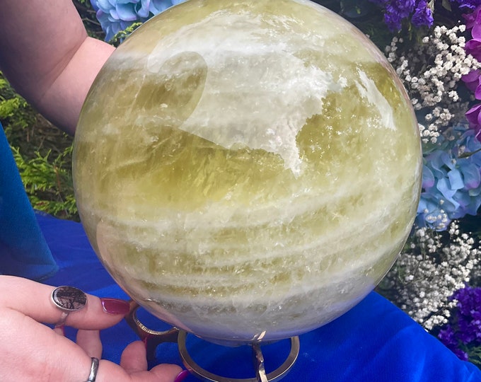 Citrine Crystal Ball with Brass Stand ~ Large 12 lb. ~ 6" Wide ~ Beautiful Golden Banded Sparkling Inclusions ~ Fast & Free Shipping, U.S.A.