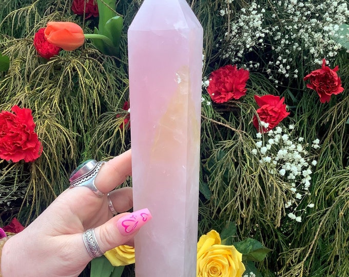 Rose Quartz Crystal Generator ~ Large 1 Lb. 14 oz. ~ 10" Tall Sparkling Pink Tower ~ Reiki, Feng Shui, Altar, Meditation Display