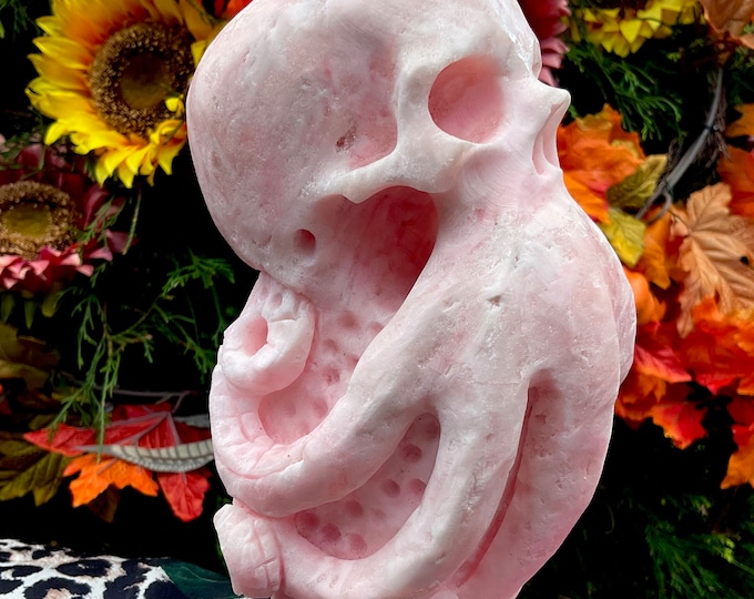 Pink Aragonite Crystal Octopus Skull ~ Large 3 Lb. 4 oz. ~ 8" Tall ~ Hand Carved Sparkling Pink & White Colors Sculpture ~ Free Shipping USA