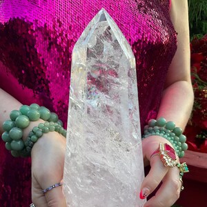 Large Clear Quartz Crystal Generator: Silver Inclusions, Rainbows, 9&quot; Tower
