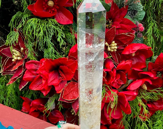 Clear Quartz Crystal Generator ~ Large 3 lb. ~ 13" Tall Tower w/Stand ~ White Clouds ~ Sparkling Rainbow Inclusions ~ Fast Shipping from USA