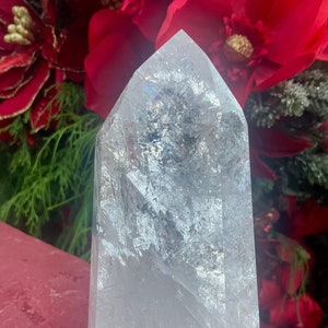 Large Clear Quartz Crystal Generator: Silver Inclusions & Rainbows