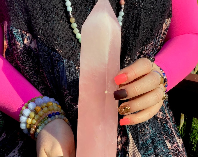 Rose Quartz Crystal Generator ~ 2 Lb. 5 oz. ~ 10" Tall ~ Swirling Pink & White Colors ~ Altar, Reiki, Feng Shui, Décor, Tower Pillar Display