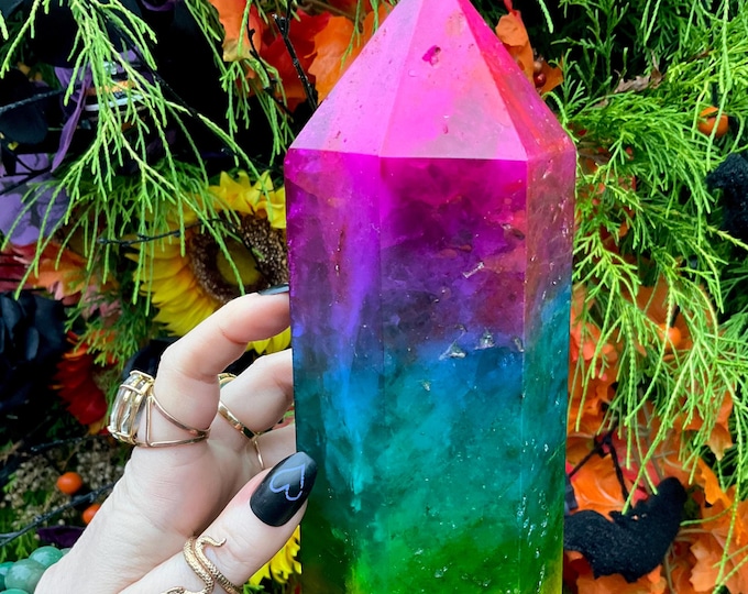 Rainbow Aura Fluorite Crystal Generator ~ 5 lb. 2 oz. ~ 9" Tall Tower ~ Colorful Pink Blue Green Yellow Color ~ Fast & Free Shipping, U.S.A.