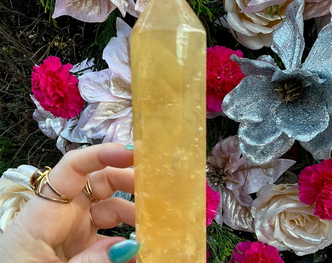 Yellow Calcite Crystal Generator ~ 1 Lb. ~ 6 1/2" Tall Tower ~ Sparkling Golden Honey & Silver Inclusions ~ Home Decor ~ Fast Shipping USA ~