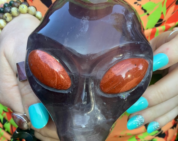 Purple Fluorite Crystal Alien ~ Large 3 Lb. 5 oz. ~ 4" Long ~ Red Jasper Eyes ~ One-of-a-Kind Expertly Hand Carved Skull ~ Fast Shipping USA