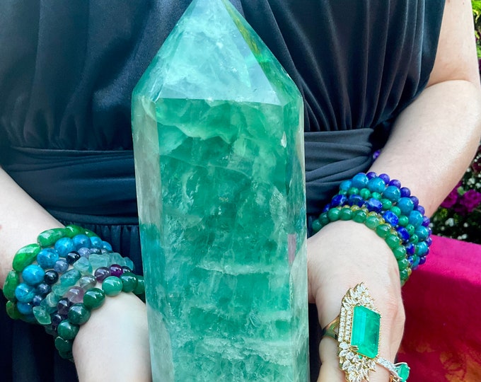 Green Fluorite Crystal Generator ~ Large 5 lb. ~ 9" Tall Tower ~ Swirling Sparkling Inclusions ~ Silver Metallic Flashes ~ Free Shipping
