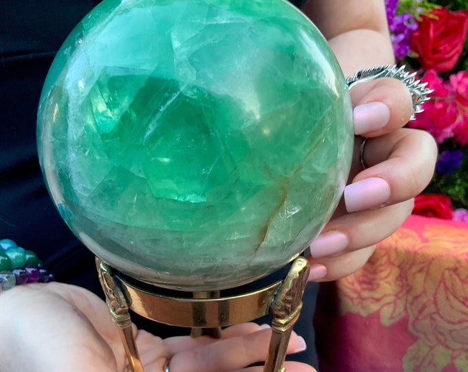 Green Fluorite Crystal Ball ~ Large 5 Lb. 7 oz. ~ 4 1/2" Wide ~ w/ Brass Display Stand ~ Fast & Free Shipping, USA + Global Shipping ~