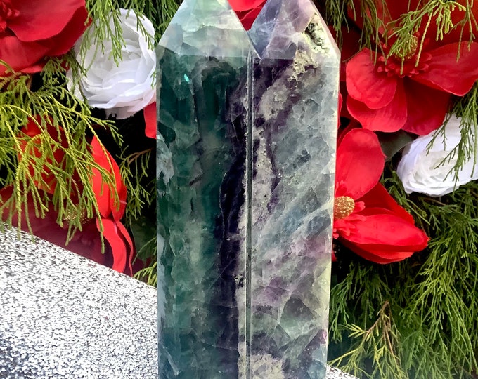 Rainbow Fluorite Twin Flame Crystal Generator ~ Large 3 lb. 3 oz. ~ 9" Tall Double Point Tower ~ Purple, Blue & Green Colors ~ Fast Shipping