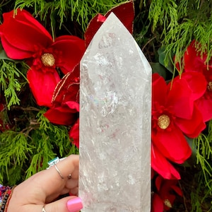 Large Clear Brazilian Quartz Crystal Generator: Silver Inclusions, Rainbows