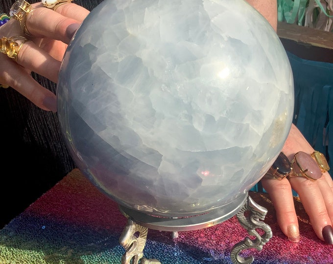Blue Celestite Crystal Ball ~ Large 9 Lb. 8 oz. ~ 5 1/2" Wide Polished Sphere ~ w/ Antique Pewter Display Stand ~ Natural Elegant Home Decor