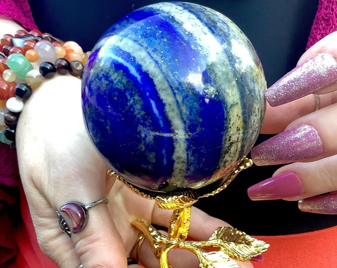 Lapis Lazuli Crystal Ball w/ Decorative Gold Leaf Display Stand ~ Large 1 Lb. ~ 2 1/2" Wide ~ Indigo Blue, Gray, Gold ~ Third Eye Chakra ~