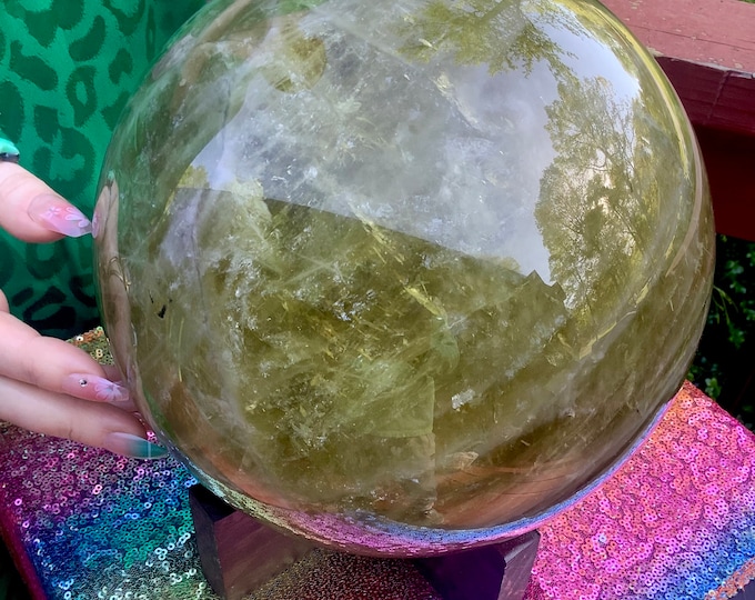 Citrine Crystal Ball ~ Large 23 lb.  ~7 1/2" Wide ~ Natural Golden Color ~ Custom Wooden Display Stand ~ Fast & Free Shipping from U.S.A ~