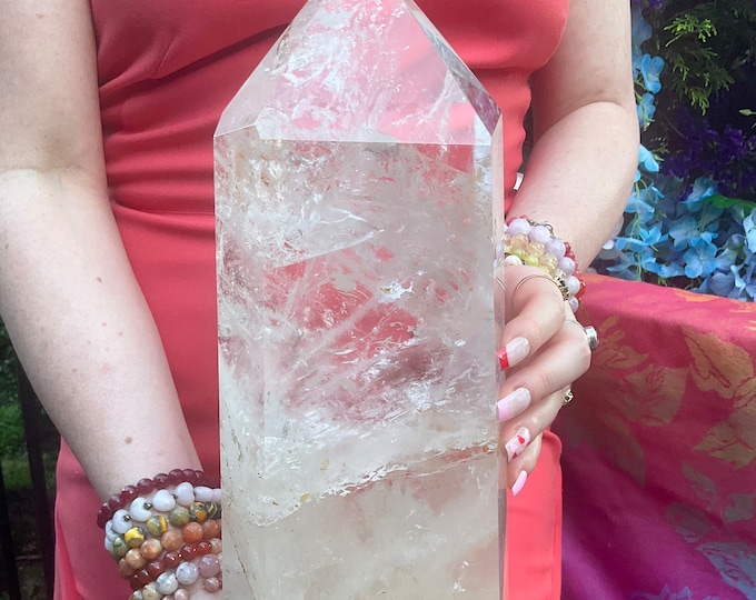 Ultra Clear Quartz Crystal Generator ~ Large 15 lb. 2 oz. ~ 15" Tall ~ White Swirling Inclusions ~ Metaphysical, Altar, Reiki, Home Decor ~