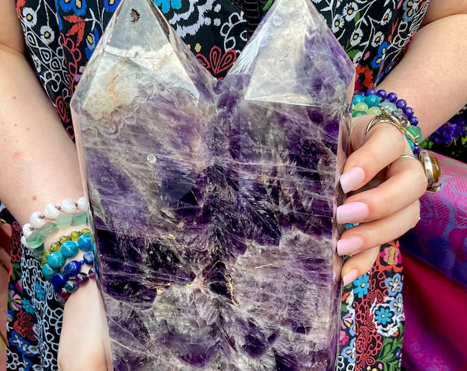 Amethyst Crystal Twin Flame Generator ~ Large 9 lb. ~ 10" Tall ~ Swirling Purple, Golden & White Colors ~ Fast and Free Shipping, U.S.A ~