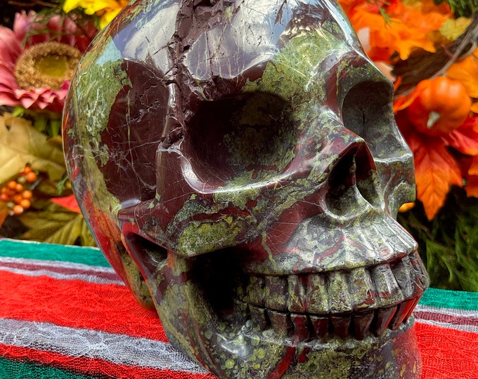 Dragon Bloodstone Crystal Skull ~ Life Size 8 Lb. 9 oz.~ 6" Long ~ Red and Green Colors ~ Beautiful Hand-Carved Sculpture, Ships From U.S.A