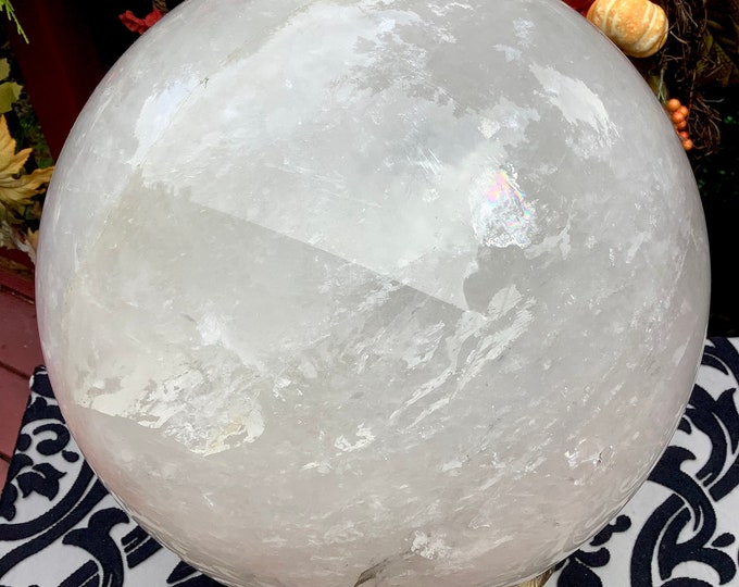 Clear Quartz Crystal Ball ~ Massive 55 Lb. Polished Sphere with Antique Brass Lion Display Stand ~ 10" Wide ~ Stunning Elegant Show Piece