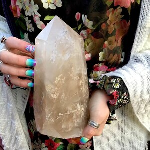 Clear Quartz Crystal Generator Tower: Rainbow Inclusions, Frosted Phantoms