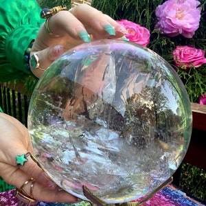 Quartz Crystal Ball 13 Lb. Ultra Clear Sparkling Polished Sphere ~ 6" Wide with Ornate Angel Brass Stand ~ Reiki, Altar, Meditation Display