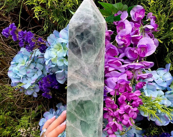 Rainbow Fluorite Crystal Generator ~ Large 9 lb. Tower ~ 14" Tall ~ Purple, Green, White Swirling Colors ~ Fast & Free Shipping, U.S.A. ~
