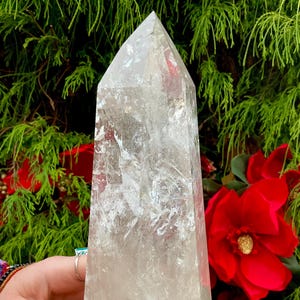 Large Clear Brazilian Quartz Crystal Generator: Silver Inclusions, Rainbows