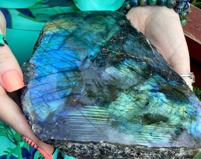 Labradorite Freeform Crystal ~ Large 5 lb. 9 oz. ~ 7" Tall ~ Flashing Electric Blue & Gold Colors ~ High Quality, Fast Free Shipping, U.S.A.