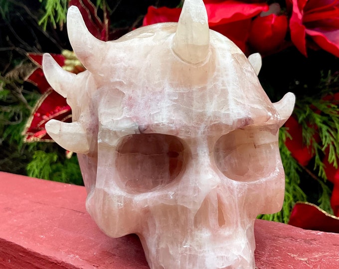 Orange Calcite King Crystal Skull ~ Large 3 Lb. 15 oz ~ 5" Long ~ Swirling Peach Colors ~ One-of-a-Kind Hand Carved Sculpture ~Fast Shipping