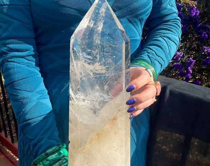 Large Clear Quartz Crystal Generator: Rainbow & Silver Inclusions, 16" Tall