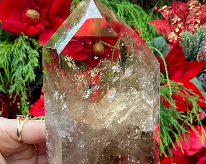 Ultra Clear Smokey Quartz Crystal Generator ~ 1 Lb. 10 oz. ~ 5" Tall ~ Sparkling Golden Phantom Inclusions ~ Museum Quality Display Tower ~