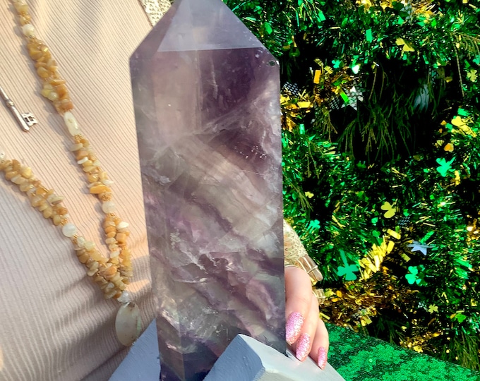 Rainbow Fluorite Crystal Generator ~ Large 3 Lb. 5 oz. ~ 9" Tall Free Standing with Custom Display Stand ~ Translucent Purple Colors