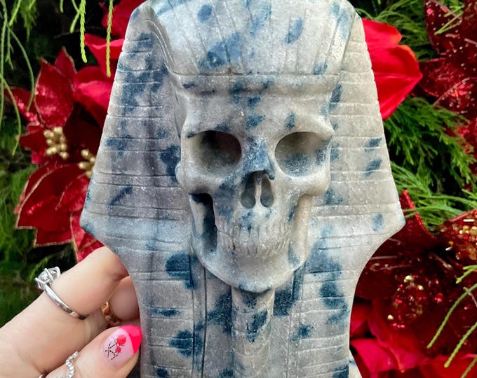 K2 Azurite in Granite Egyptian Pharaoh Crystal Skull ~ 3 Lb. 6 oz. ~ 7" Tall ~ Stunning Metaphysical Home Decor, Reiki, Altar Display ~