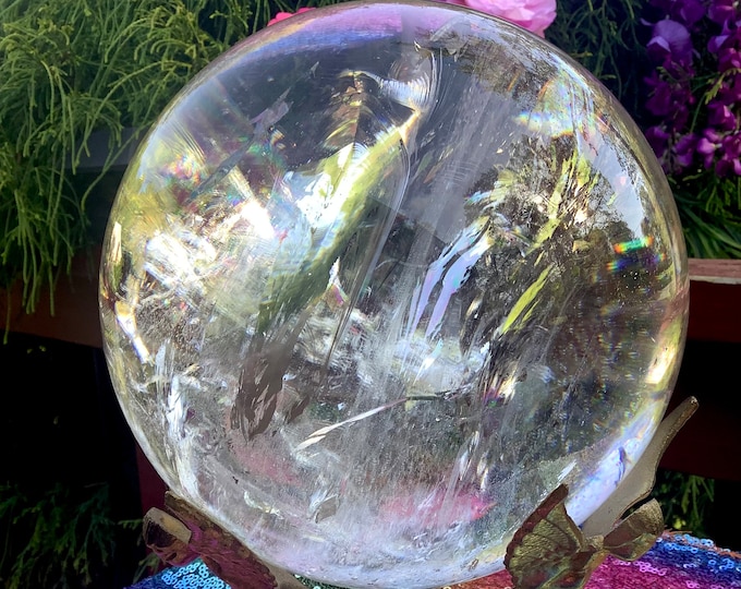 Ultra Clear Quartz Crystal Ball ~ Large 13 Lb ~ 6" Wide ~ Sparkling Polished Sphere ~ w/ Ornate Angel Brass Stand ~ Breathtaking Home Decor
