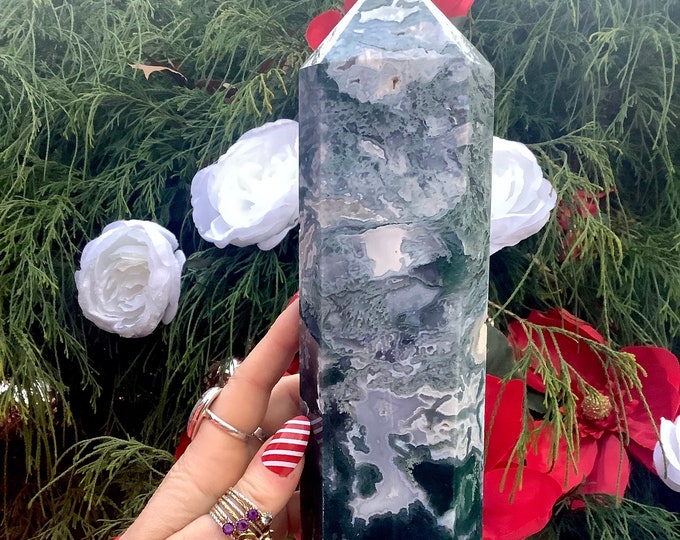 Moss Agate Crystal Generator ~ 3 lb. 8 oz. ~ 10 1/2" Tall Tower ~ Electric Green Vibrant Patterns Sparkling Colors ~ Fast & Free Shipping
