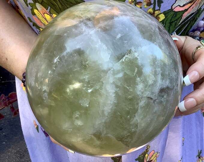 Citrine Crystal Ball ~ Large 12 Lb 15 oz ~ 6" Wide ~ Natural Golden Yellow Colors ~ Banded White Quartz Lines ~ Sparkling Silver Inclusions