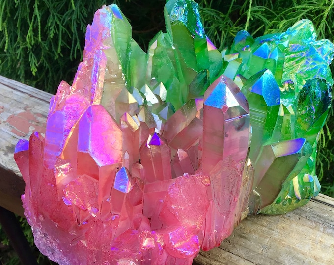 Pink & Green Aura Quartz Crystal Cluster ~ Large 8 Lb. 14 oz. ~ 8" Long ~ Electric Rainbow Iridescent Sparkling Points ~ Fast, Free Shipping