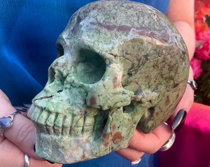 Chrysoprase Crystal Skull ~ Large 2 Lb. 9 oz. ~ 5" Long ~ Glowing Green & Golden Brown ~ One-of-a-Kind Hand Carved ~ Fast Free Shipping USA