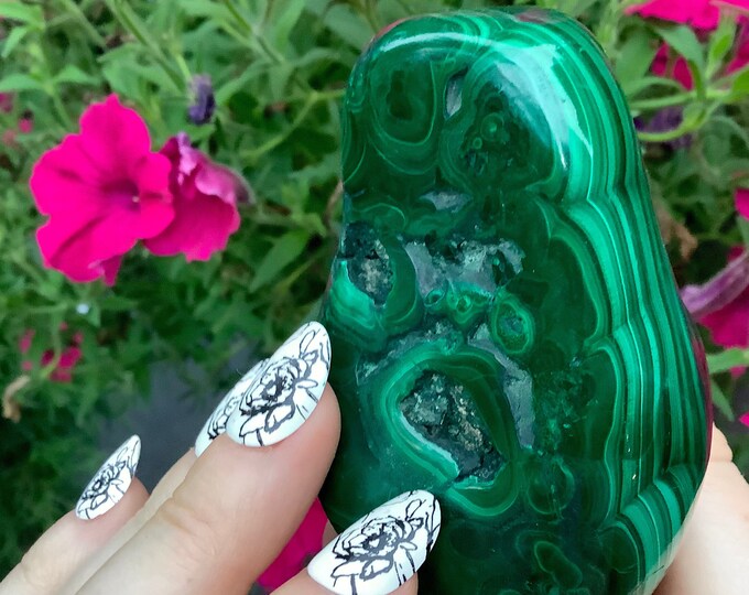 Malachite Freeform Crystal ~ Large 10.9 oz. ~ 3" Long - Big Beautiful Polished Green Mineral Specimen ~ Swirling Bullseye Patterns ~ Congo