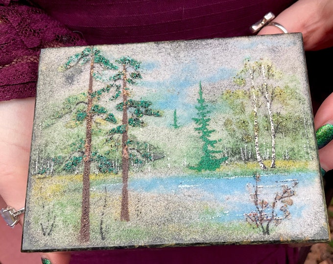 Serpentine Jewelry Box with Mosaic Stone Hinged Lid ~ 4 1/2" Long ~ Hand Made Vintage Display Colorful Green & Black Colors