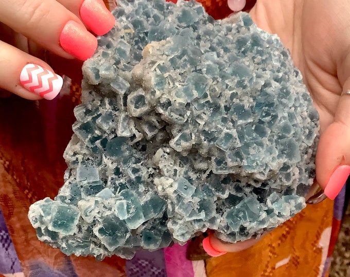 Blue Fluorite Crystal Cluster ~ Large 1 Lb. 3 oz. ~ 4" Long ~ Cubic Formation ~ Third Eye Chakra Altar Display ~ Metaphysical Home Decor ~