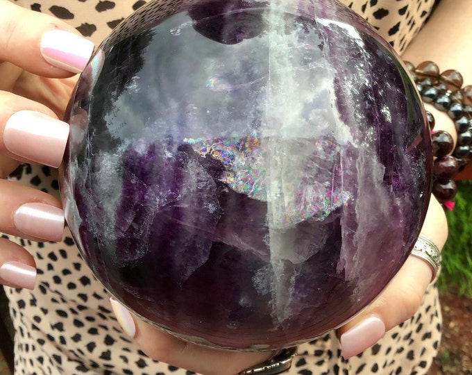 Purple Fluorite Crystal Ball ~ Large 5 Lb. ~ 4" Wide ~ Sparkling Rainbow Colors ~ Crown Chakra Altar, Reiki Healing, Meditation, Display ~