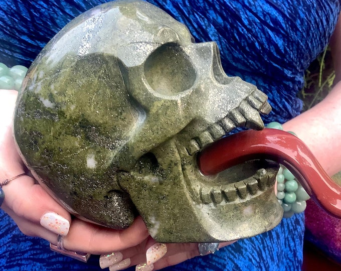 Epidote Vampire Crystal Skull ~ Large 5 Lb. 9 oz. ~ 7" Long ~ Hand Carved Sculpture ~ Sparkling Green with Pyrite ~ Red Jasper Tongue ~ RARE