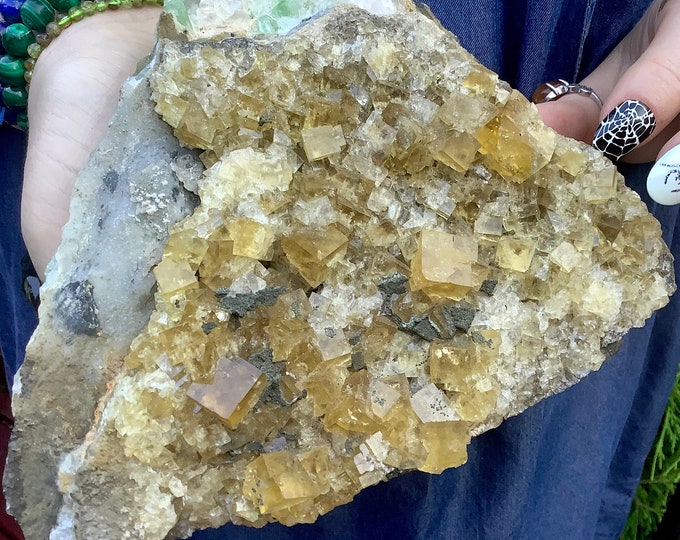 Yellow Cubic Fluorite Crystal Cluster ~ Large 3 Lb. 8 oz. ~ 6" Long ~ Sparkling Golden Color ~ Fast & Free Shipping, USA + Global Shipping ~