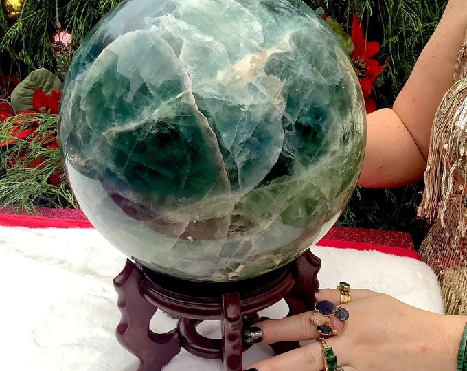 Blue and Green Fluorite Crystal Ball ~ Large 34 Lb. ~ 8" Wide with Antique Wooden Stand ~ Polished Rainbow Color Sphere ~ Free Fast Shipping
