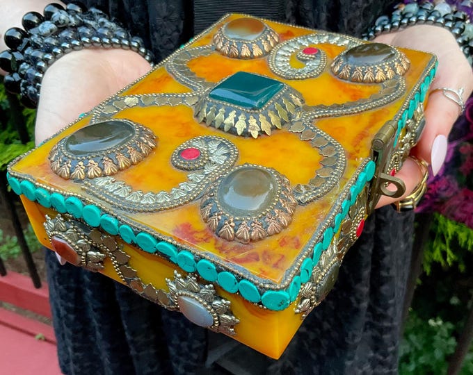 Tibetan Amber Jewelry Box ~ 7" Long ~ Vintage Inlayed Turquoise Red Coral & Agate Stones~ Golden Honey Colors ~ Expertly Hand Crafted ~