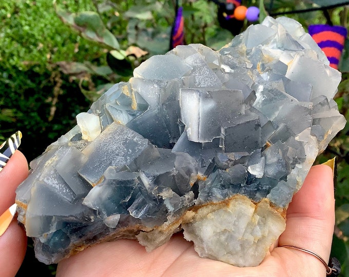 Blue Fluorite Crystal Cluster ~ Large 1 lb. 7 oz. ~ 7" Long ~ Sparkling Translucent Specimen Amazing Deep Ocean Blue ~ Fast Shipping, U.S.A.