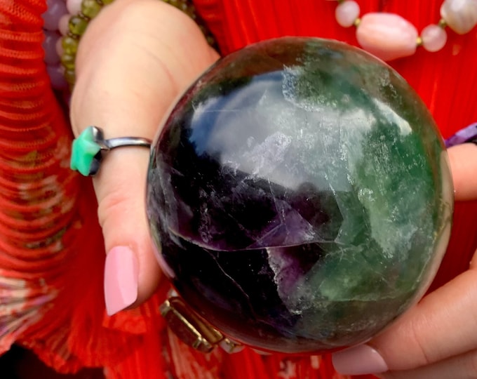 Rainbow Fluorite Crystal Ball ~ Large 1 Lb. 8 oz. ~ 3" Wide ~ Green and Purple Polished Sphere ~ Beautiful Reiki, Meditation, Altar, Display